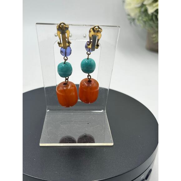 Vintage Butterscotch Egg Yolk Bakelite Blue Purple Glass Dangle Earrings - Picture 5 of 7